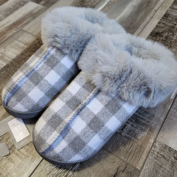 New Lauren Conrad Cozy Plaid Faux Fur Clog Slippers Size Small 6-7 - Picture 1 of 5